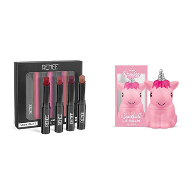RENEE Very Matte - Pack Of 4 Matte Lipsticks & Princess Snowball Lip Balm 3Gm For Pre-Teen Girls Combo